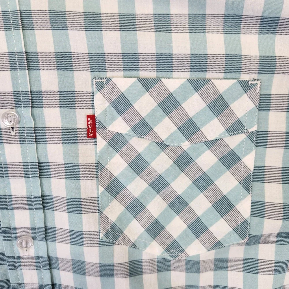 Levis Mens Short Sleeve Button Down Shirt Teal White Gingham Plaid‎ Size M